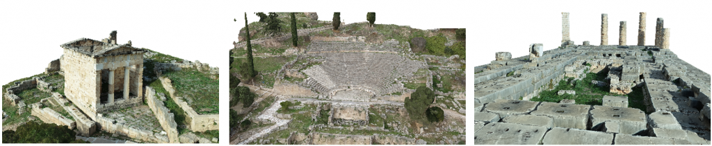 3Δ Μοντέλα των μνημείων που έχουν υλοποιηθεί μέχρι τώρα για το έργο 3Δ4Delphi (από αριστερά προς δεξιά: Ο θησαυρός των Αθηναίων, Το αρχαίο θέατρο των Δελφών, Ο Ναός του Απόλλωνα)